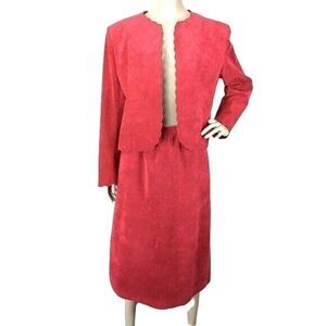 Vintage 60s 70s Lilli Ann Pink Faux Suede Scalloped Edge Blazer & Skirt Suit Set